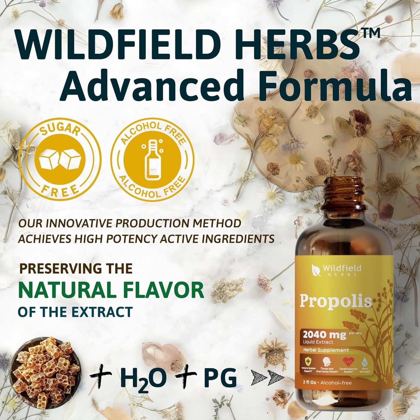 Wildfield Herbs Propolis Extract Drops - 2040mg Liquid Tincture Herbal Supplement, 1 Month Supply, Alcohol-Free - 2 Oz