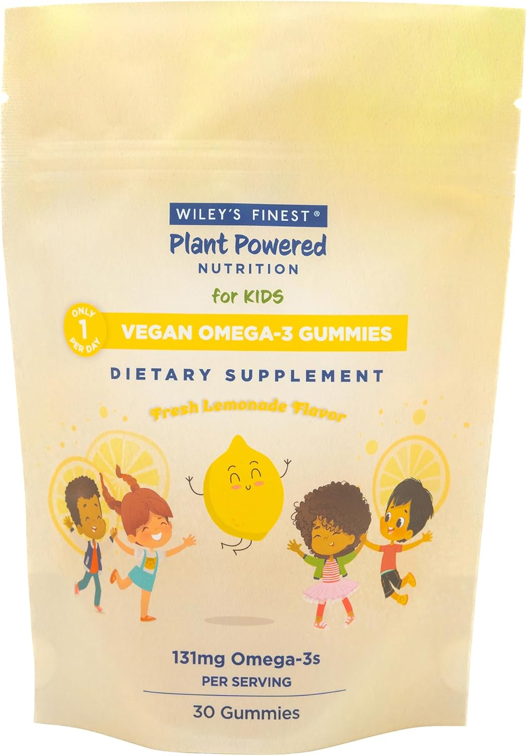 Wiley's Finest Kids Vegan Omega-3 Gummies - Vegetarian Lemon Flavored Supplement with Natural Sugar - Gluten-Free DHA, ALA & SDA - 30 Gummies