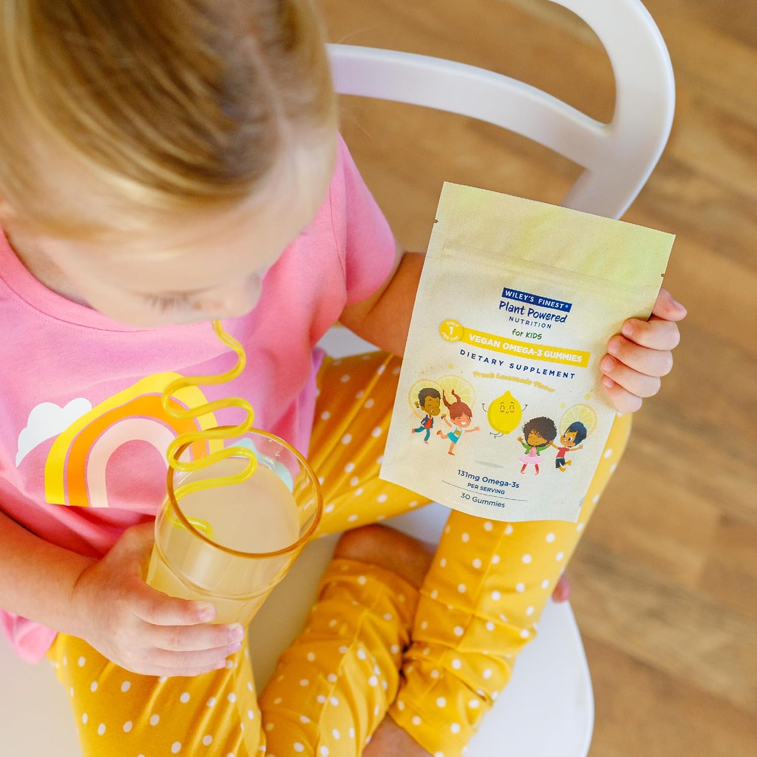 Wiley's Finest Kids Vegan Omega-3 Gummies - Vegetarian Lemon Flavored Supplement with Natural Sugar - Gluten-Free DHA, ALA & SDA - 30 Gummies