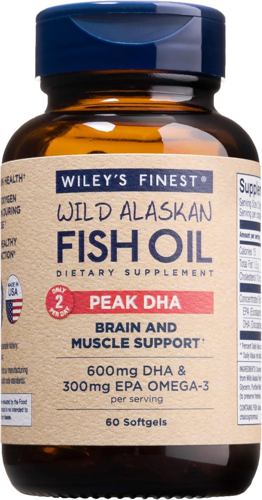 Wiley's Finest Peak DHA Fish Oil Softgels - 900mg Omega-3s - 60 Softgels for 30 Servings