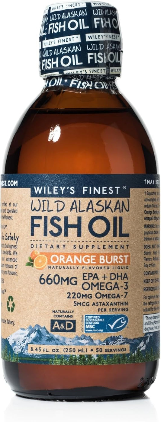 Wiley's Finest Wild Alaskan Fish Oil Orange Burst - Liquid Omega-3 Supplement with 660mg EPA and DHA - Holistic 8.45 oz Bottle (50 Servings)