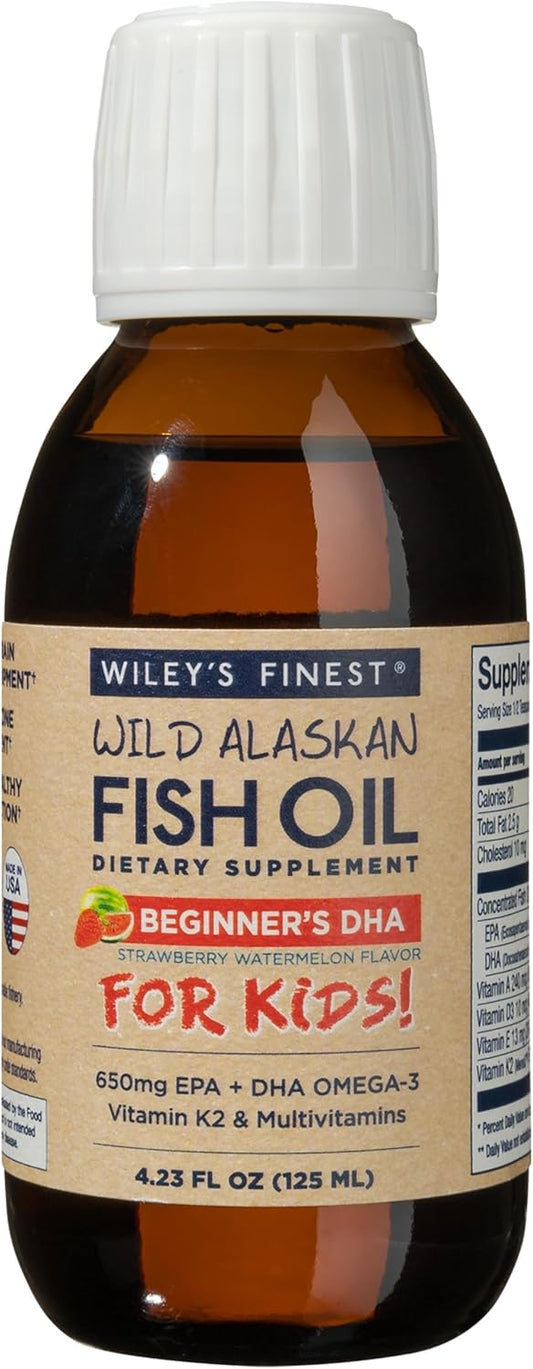 Wiley's Finest Wild Alaskan Kids Liquid Fish Oil Supplement - Strawberry Watermelon Flavor - 650mg of Omega-3s - Ages 1+ - 4.23 Oz