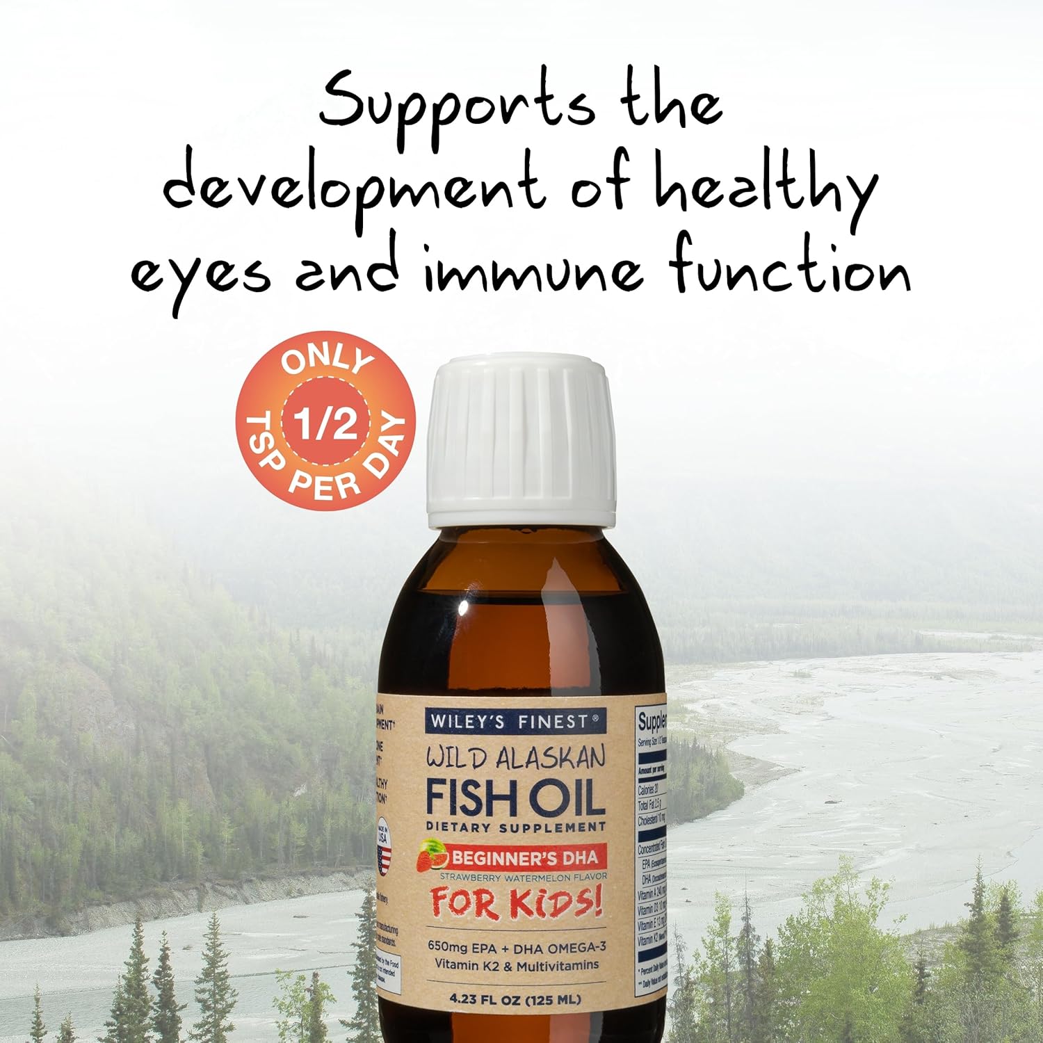 Wiley's Finest Wild Alaskan Kids Liquid Fish Oil Supplement - Strawberry Watermelon Flavor - 650mg of Omega-3s - Ages 1+ - 4.23 Oz
