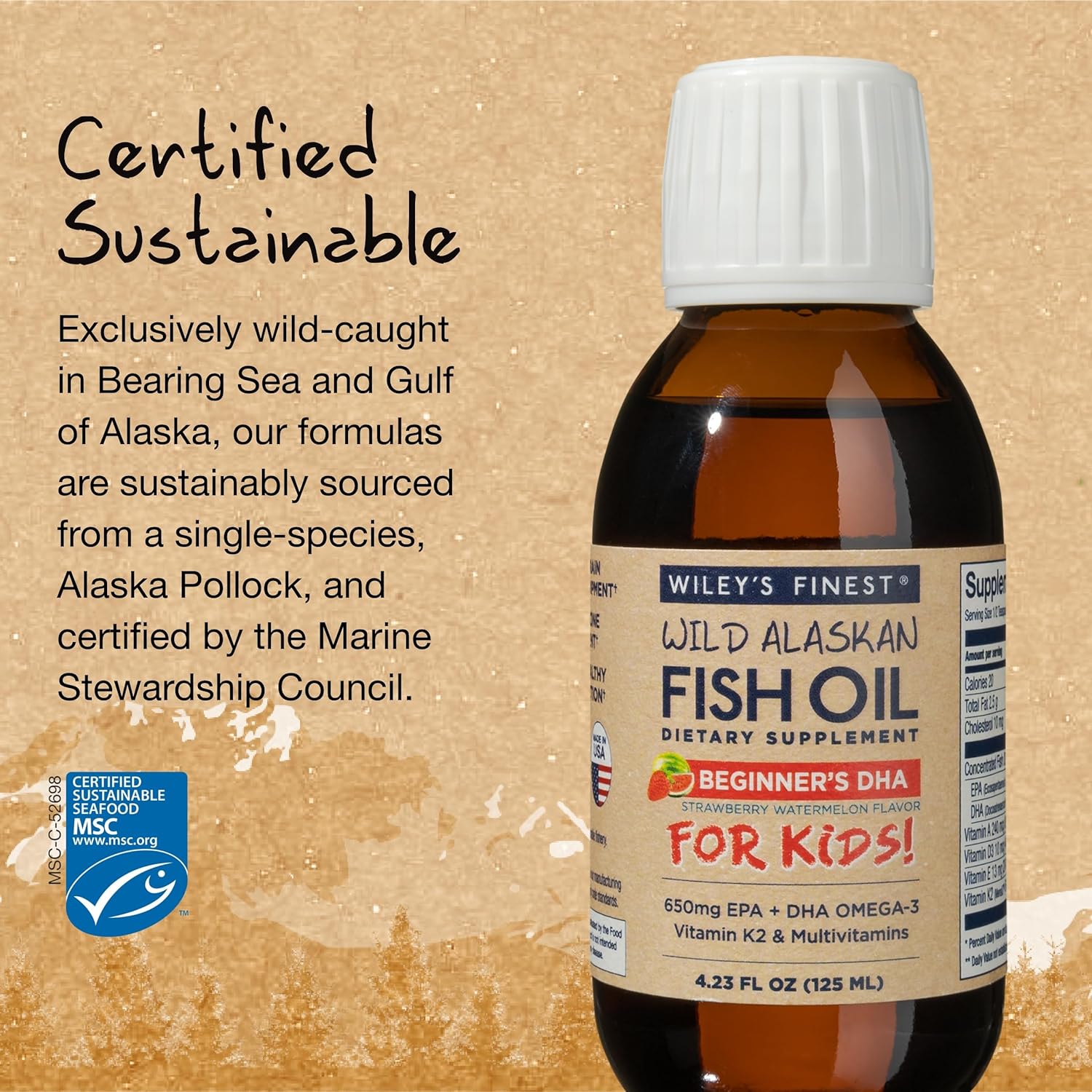 Wiley's Finest Wild Alaskan Kids Liquid Fish Oil Supplement - Strawberry Watermelon Flavor - 650mg of Omega-3s - Ages 1+ - 4.23 Oz