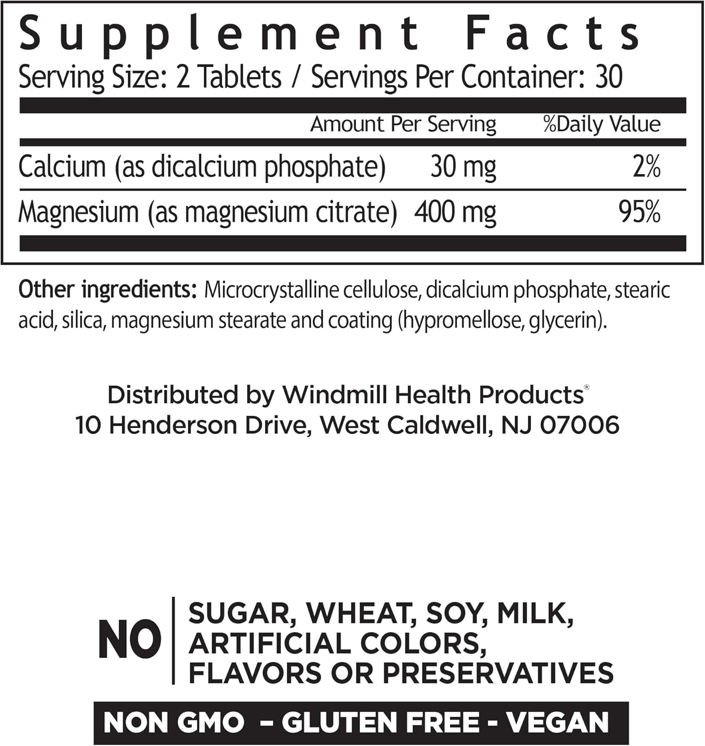 Windmill Natural Vitamins Magnesium Citrate 400 mg Capsules, Immune & Heart Health Support, Muscle Recovery, 60 Count
