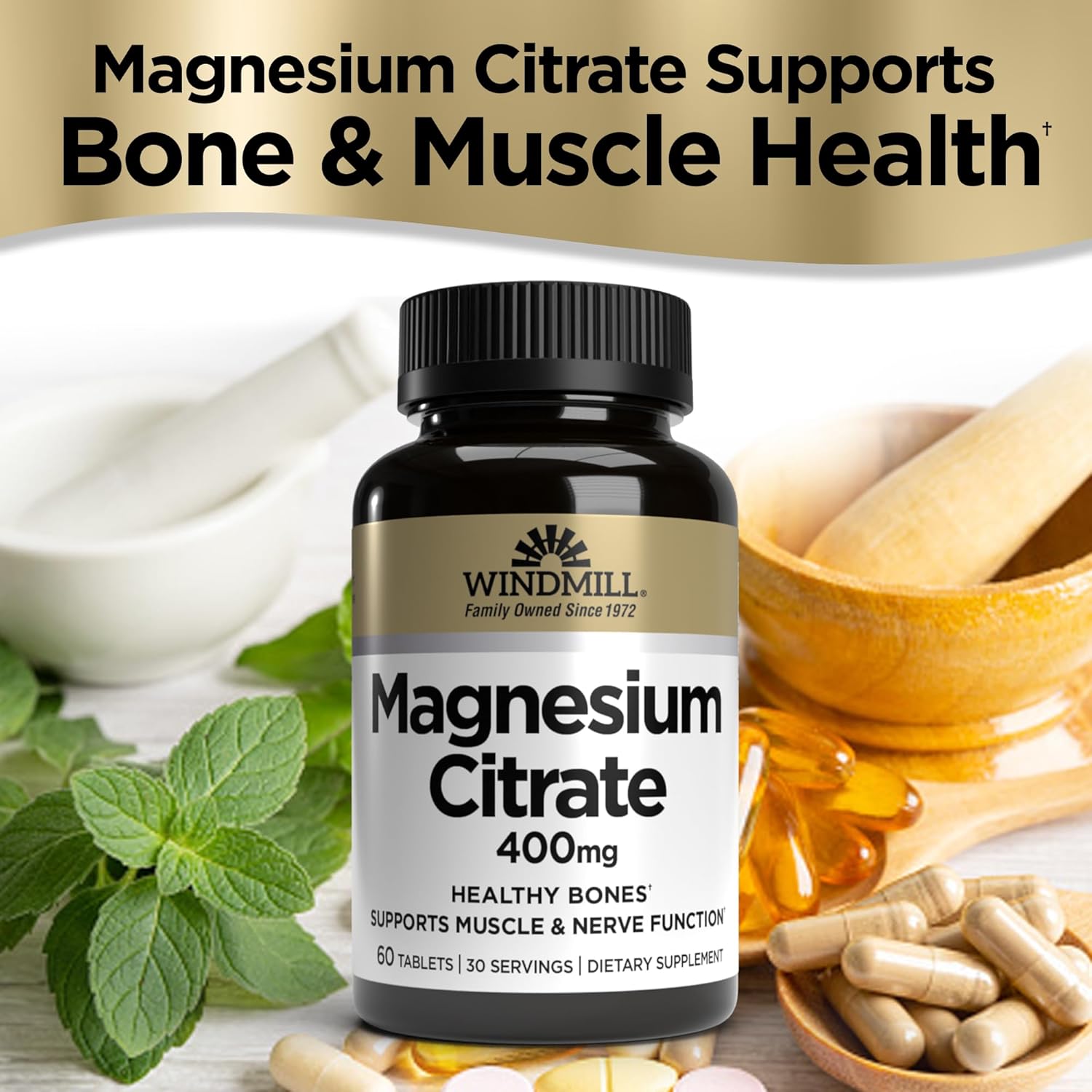 Windmill Natural Vitamins Magnesium Citrate 400 mg Capsules, Immune & Heart Health Support, Muscle Recovery, 60 Count