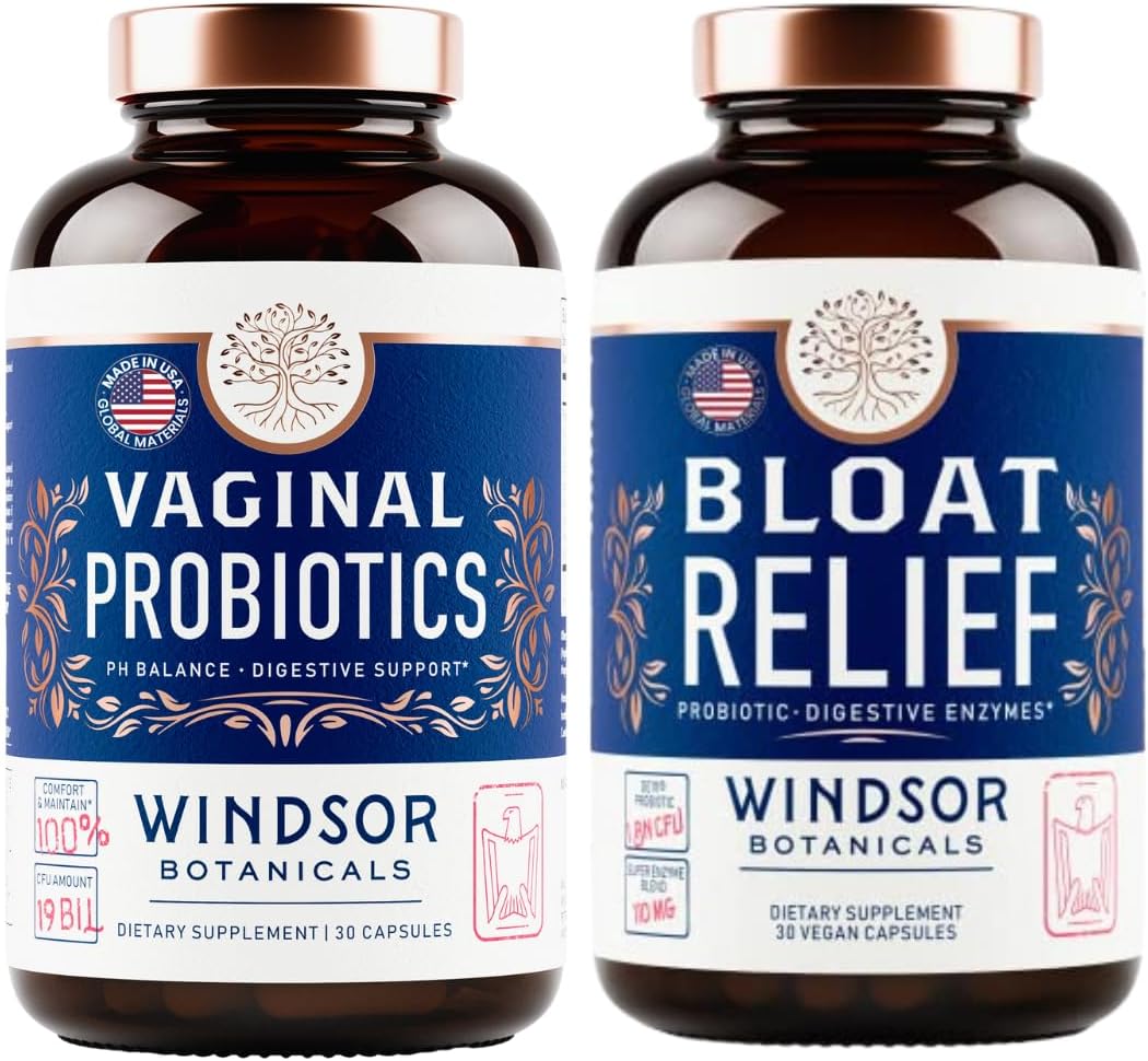 WINDSOR BOTANICALS Bloat Relief Probiotic with Enzymes and Vaginal Probiotics - Digestive & Vaginal Health Support Bundle