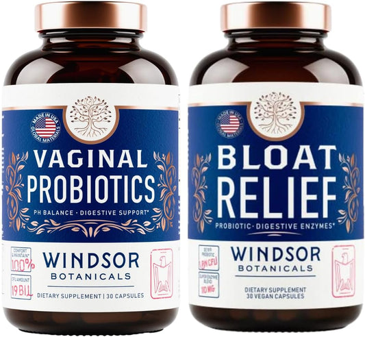 WINDSOR BOTANICALS Bloat Relief Probiotic with Enzymes and Vaginal Probiotics - Digestive & Vaginal Health Support Bundle