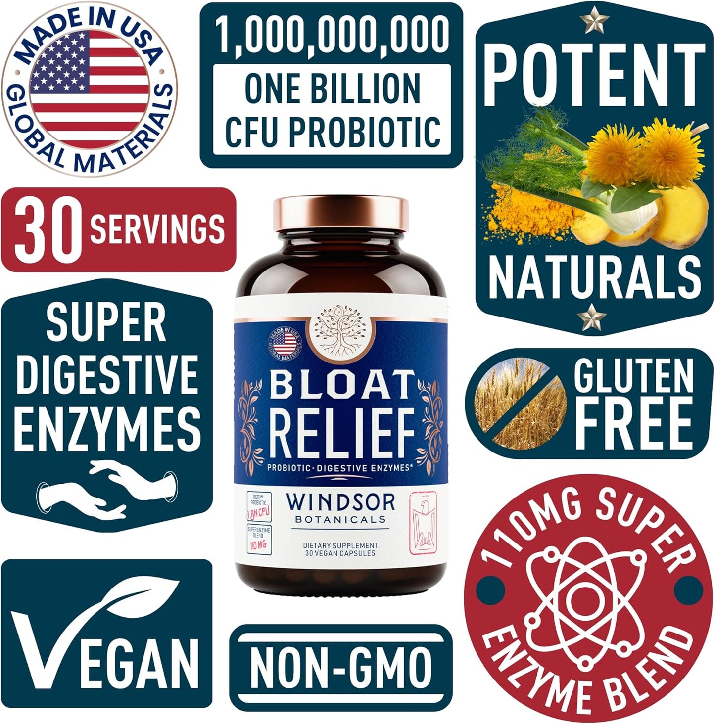 WINDSOR BOTANICALS Bloat Relief Probiotic with Enzymes and Vaginal Probiotics - Digestive & Vaginal Health Support Bundle