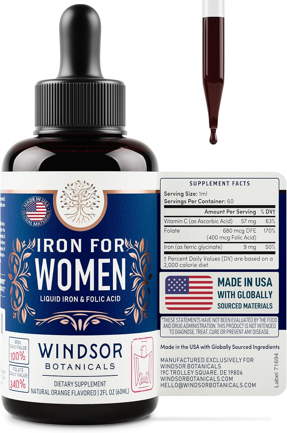 WINDSOR BOTANICALS Iron and Folic Acid Bundle for Women - Anemia and Pregnancy Support with Tablets and Liquid Drops