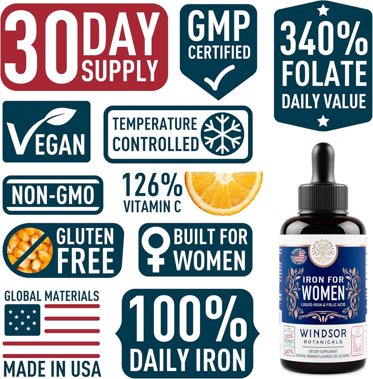 WINDSOR BOTANICALS Iron and Folic Acid Bundle for Women - Anemia and Pregnancy Support with Tablets and Liquid Drops