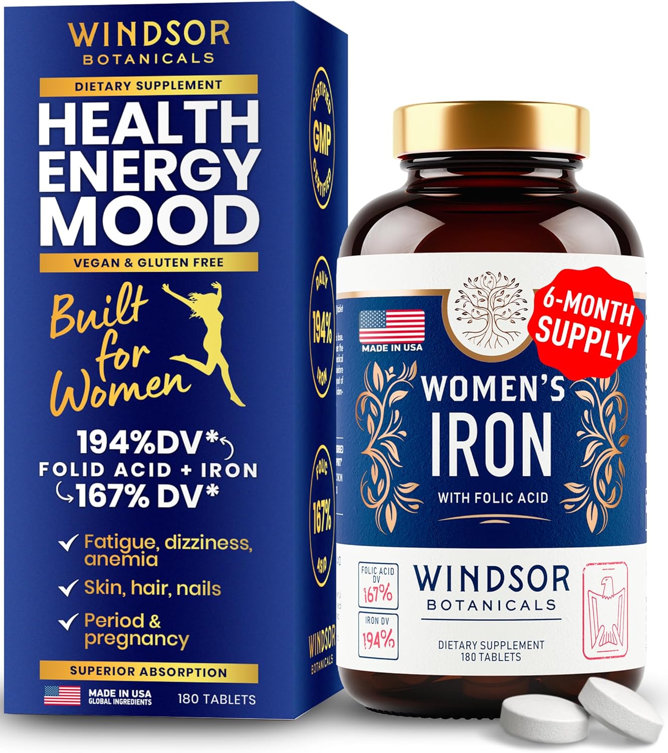 WINDSOR BOTANICALS Iron and Folic Acid Bundle for Women - Anemia and Pregnancy Support with Tablets and Liquid Drops