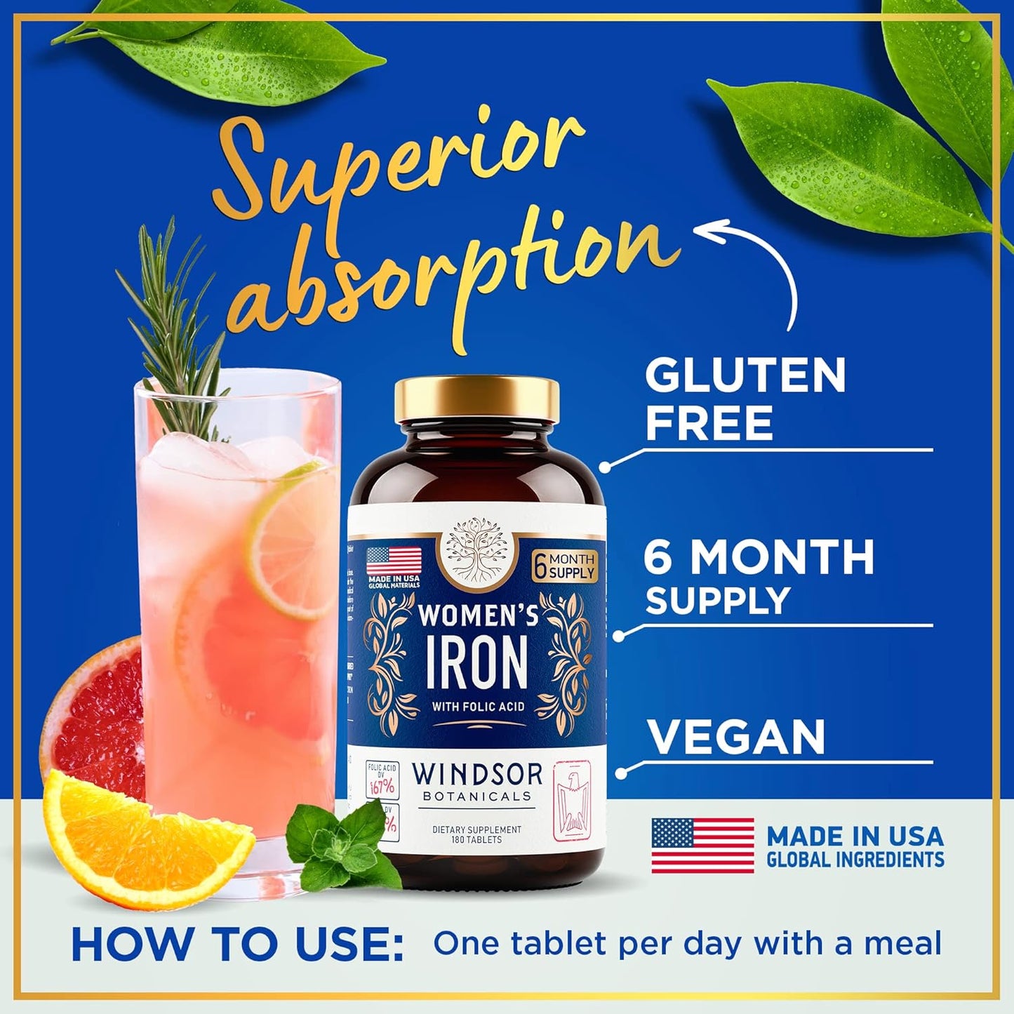 WINDSOR BOTANICALS Iron and Folic Acid Bundle for Women - Anemia and Pregnancy Support with Tablets and Liquid Drops