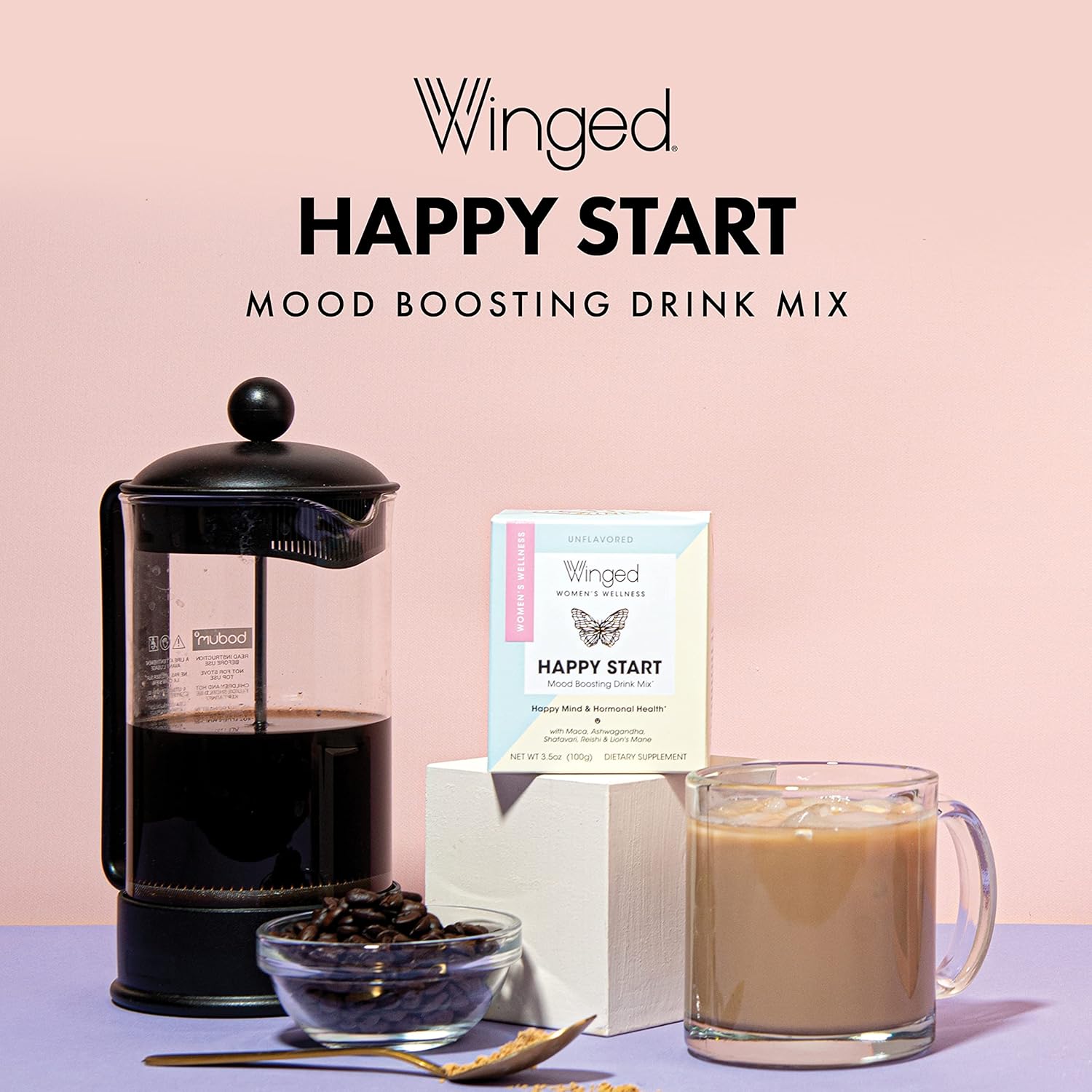 Winged Happy Start Mood Boost Powder for Women - Unflavored, Non-GMO (30 Servings)