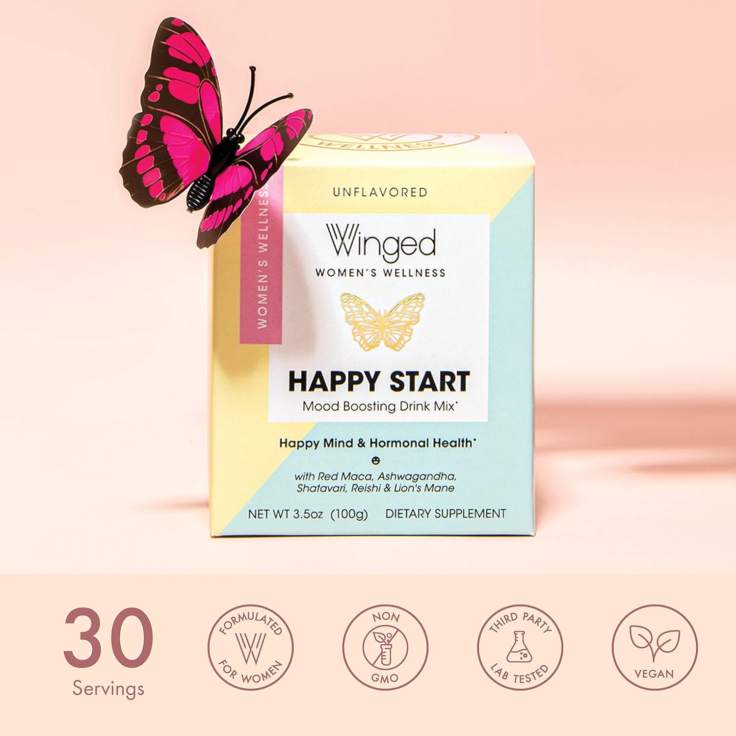 Winged Happy Start Mood Boost Powder for Women - Unflavored, Non-GMO (30 Servings)