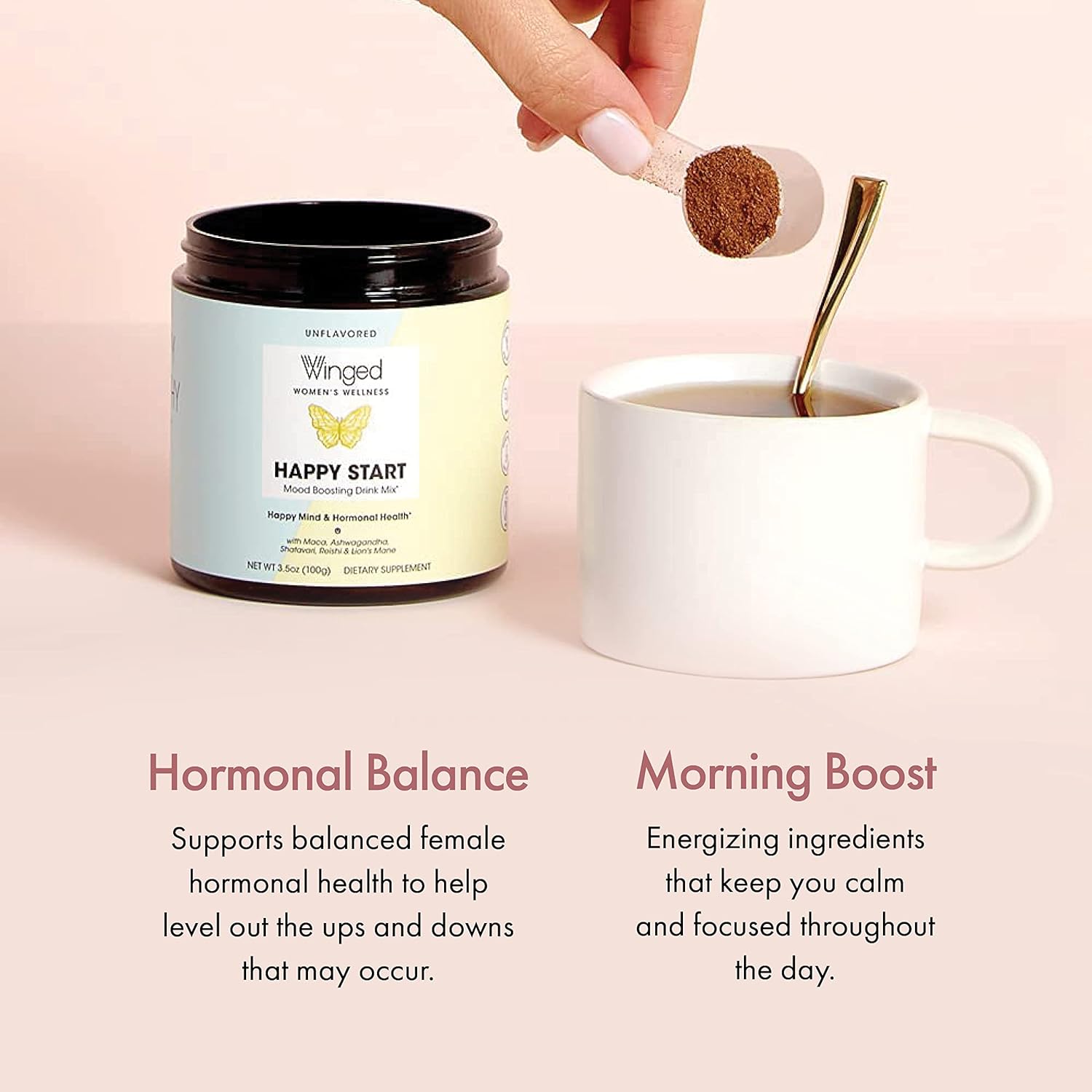 Winged Happy Start Mood Boost Powder for Women - Unflavored, Non-GMO (30 Servings)