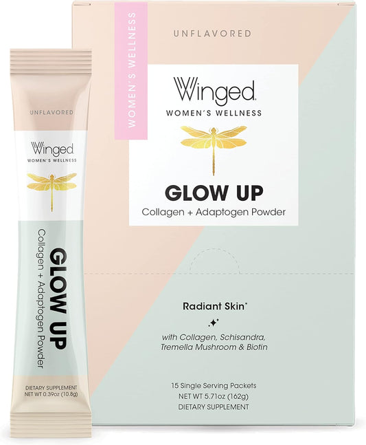 Winged Wellness Glow Up Collagen Powder for Women | Grass Fed Peptides with Schisandra, Snow Mushroom, Vitamin C & Biotin | Unflavored, Non GMO | Better Hair, Skin, Nails