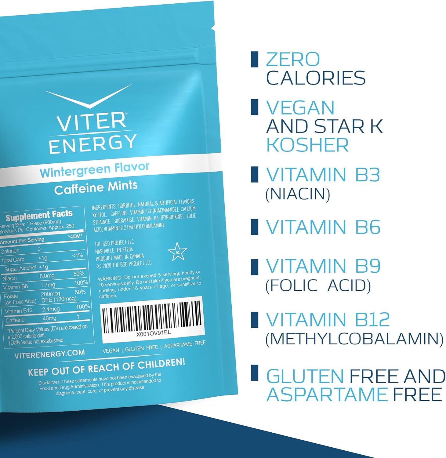 Wintergreen Flavor Caffeine Mints Bundle - 6 Pack + 1/2 Pound Bulk Bag - 40mg Caffeine, B Vitamins, Sugar Free, Vegan - Energy Booster for Focus and Alertness