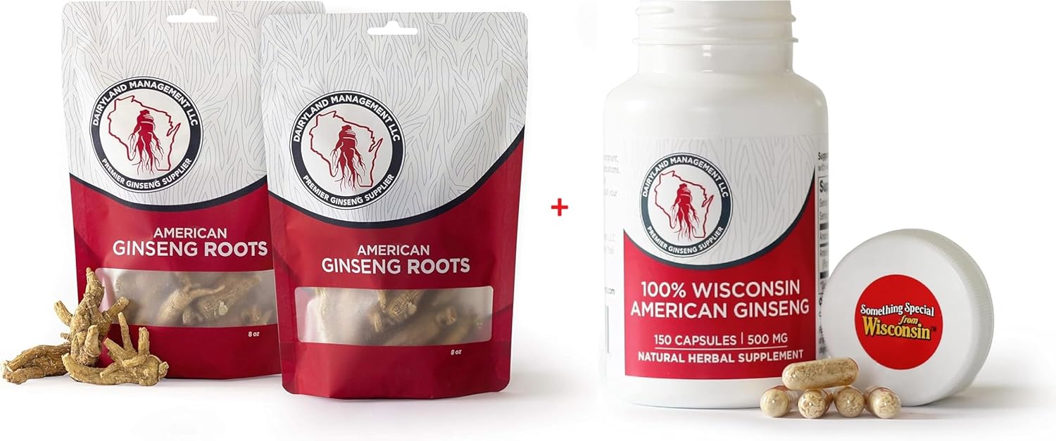 Wisconsin Ginseng Roots and Capsules 16 oz and 150 ct Pack - Direct from Farmer to Consumer - Dairyland American Ginseng by Dairyland Management LLC