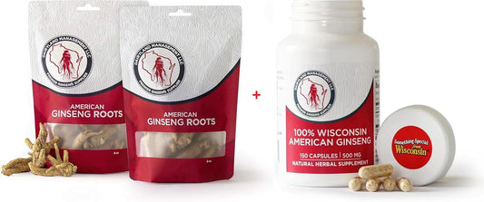 Wisconsin Ginseng Roots and Capsules 16 oz and 150 ct Pack - Direct from Farmer to Consumer - Dairyland American Ginseng by Dairyland Management LLC