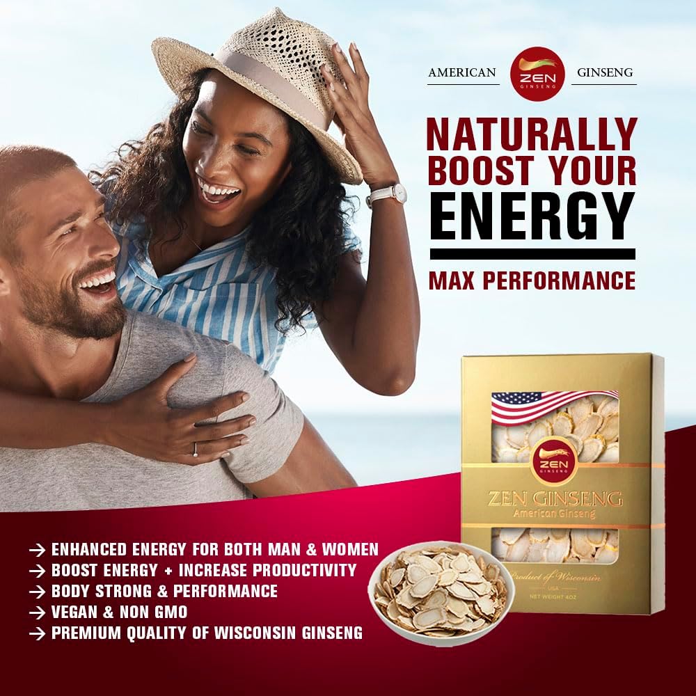 Wisconsin Ginseng Slices for Enhanced Energy, Performance, and Mental Health - 4 Oz. Pack for Men and Women