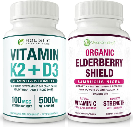 Wiseceutical Max Absorption Vitamin K2 + D3 with Organic Elderberry, Black Currant, and Echinacea for Bone Strength, Calcium Absorption & Immune Support