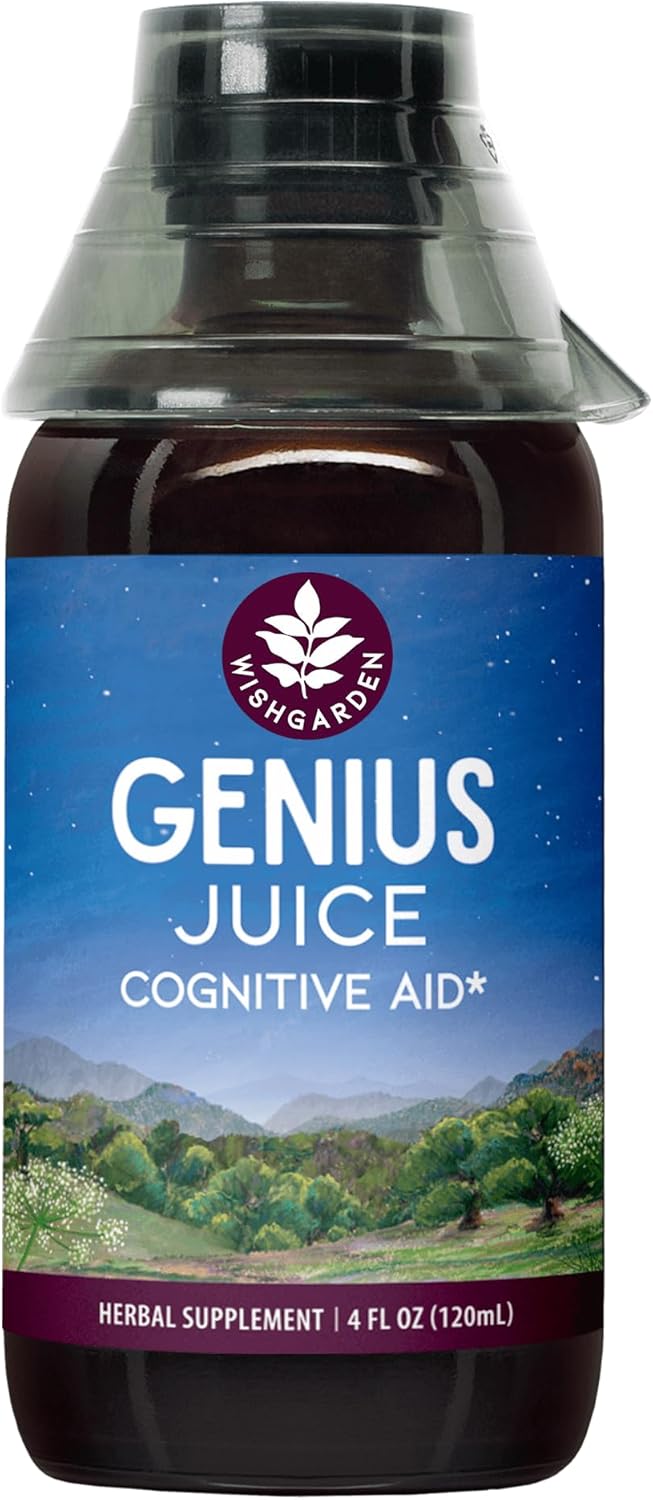 WishGarden Herbs Genius Juice: Herbal Nootropic Brain Booster Supplement with Ginkgo Biloba & Gotu Kola - Focus, Clarity, Concentration, Energy - Cognitive Support - No Caffeine - 4oz