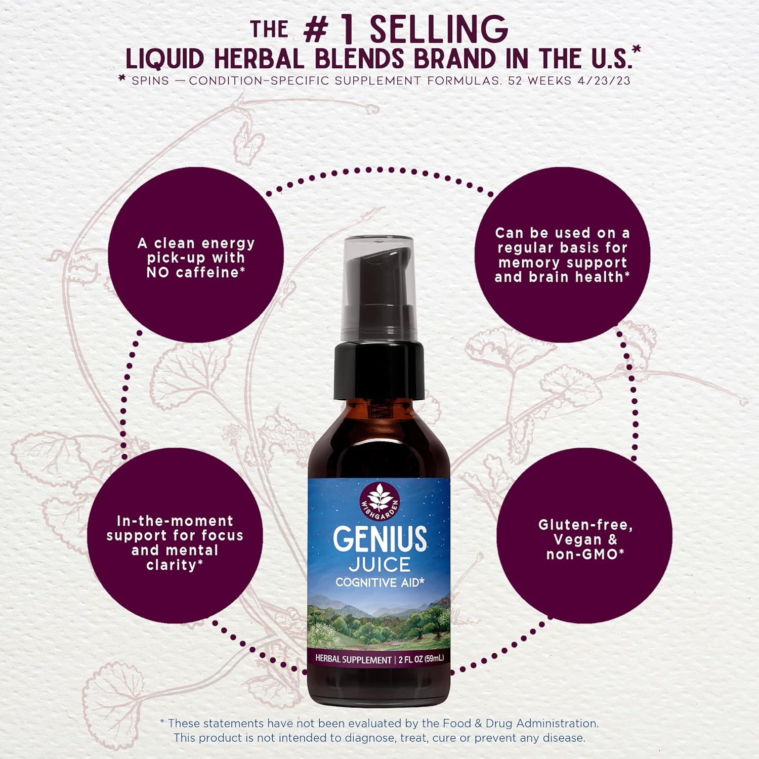 WishGarden Herbs Genius Juice: Herbal Nootropic Brain Booster Supplement with Ginkgo Biloba & Gotu Kola - Focus, Clarity, Concentration, Energy - Cognitive Support - No Caffeine - 4oz