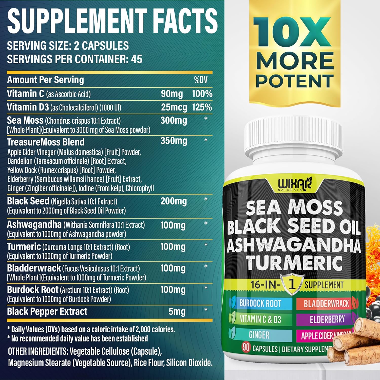 Wixar Naturals Sea Moss Black Seed Oil Ashwagandha Turmeric Bladderwrack Burdock Vitamin C D3 Elderberry Dandelion Yellow Dock Chlorophyll ACV Capsules - 90ct