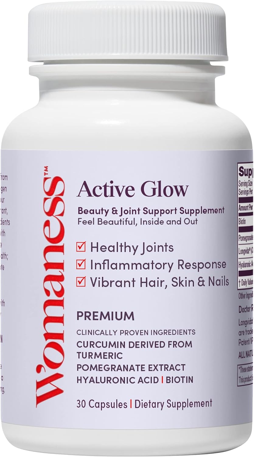 Womaness Active Glow Hair Skin Nails Vitamins with Biotin, Longvida Curcumin, & Hyaluronic Acid - Joint Health, Dry Skin, Thinning Hair Support (30 Caps)