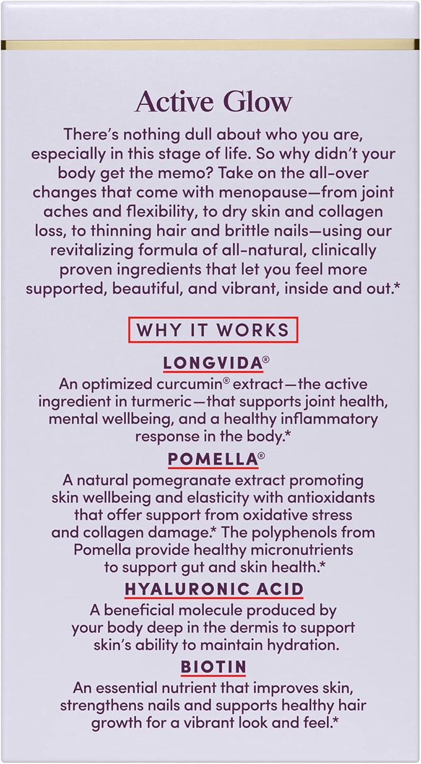 Womaness Active Glow Hair Skin Nails Vitamins with Biotin, Longvida Curcumin, & Hyaluronic Acid - Joint Health, Dry Skin, Thinning Hair Support (30 Caps)