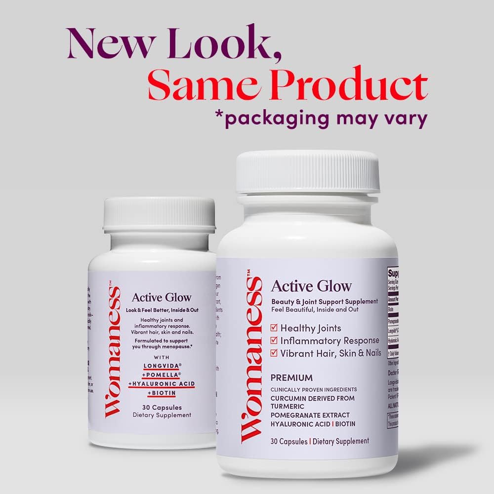 Womaness Active Glow Hair Skin Nails Vitamins with Biotin, Longvida Curcumin, & Hyaluronic Acid - Joint Health, Dry Skin, Thinning Hair Support (30 Caps)