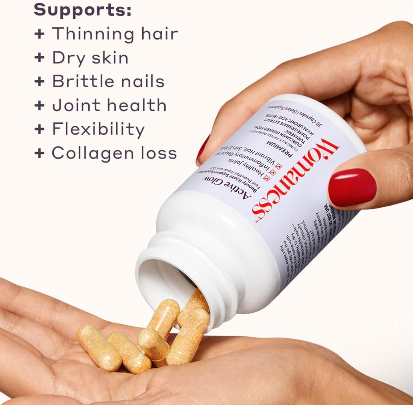 Womaness Active Glow Hair Skin Nails Vitamins with Biotin, Longvida Curcumin, & Hyaluronic Acid - Joint Health, Dry Skin, Thinning Hair Support (30 Caps)