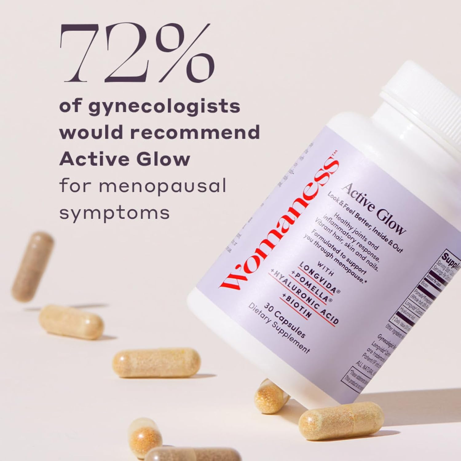 Womaness Active Glow Hair Skin Nails Vitamins with Biotin, Longvida Curcumin, & Hyaluronic Acid - Joint Health, Dry Skin, Thinning Hair Support (30 Caps)