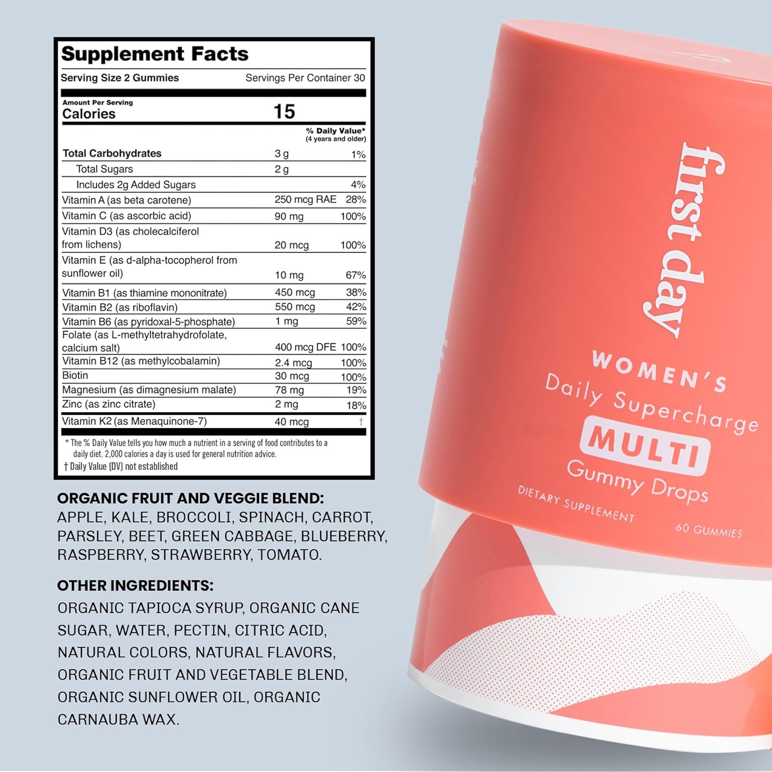 Women & Teens Multivitamin Gummies Bundle with Essential Vitamins & Minerals - Organic Fruits & Veggies, 2g Sugar, 2-Pk, 30 Day Supply