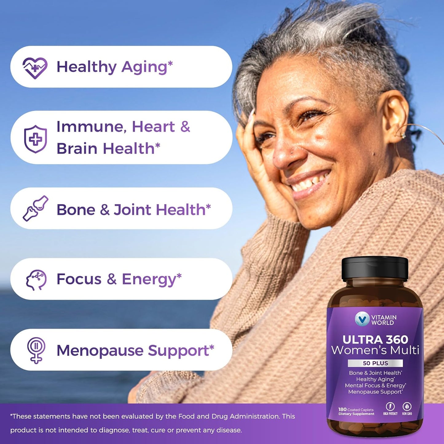 Women's 50+ Multivitamin with Minerals & Herbs for Menopause Support - Vitamin World Ultra 360, 180 Caplets