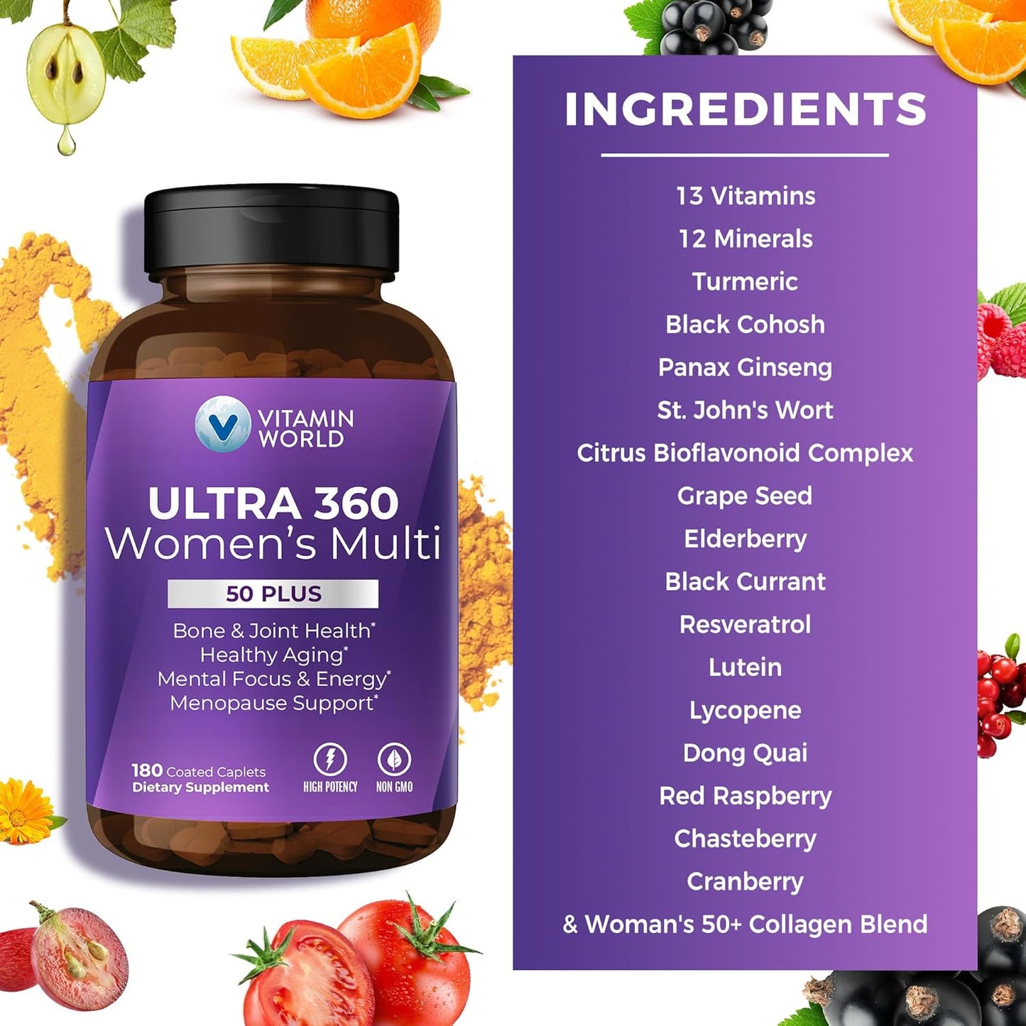 Women's 50+ Multivitamin with Minerals & Herbs for Menopause Support - Vitamin World Ultra 360, 180 Caplets