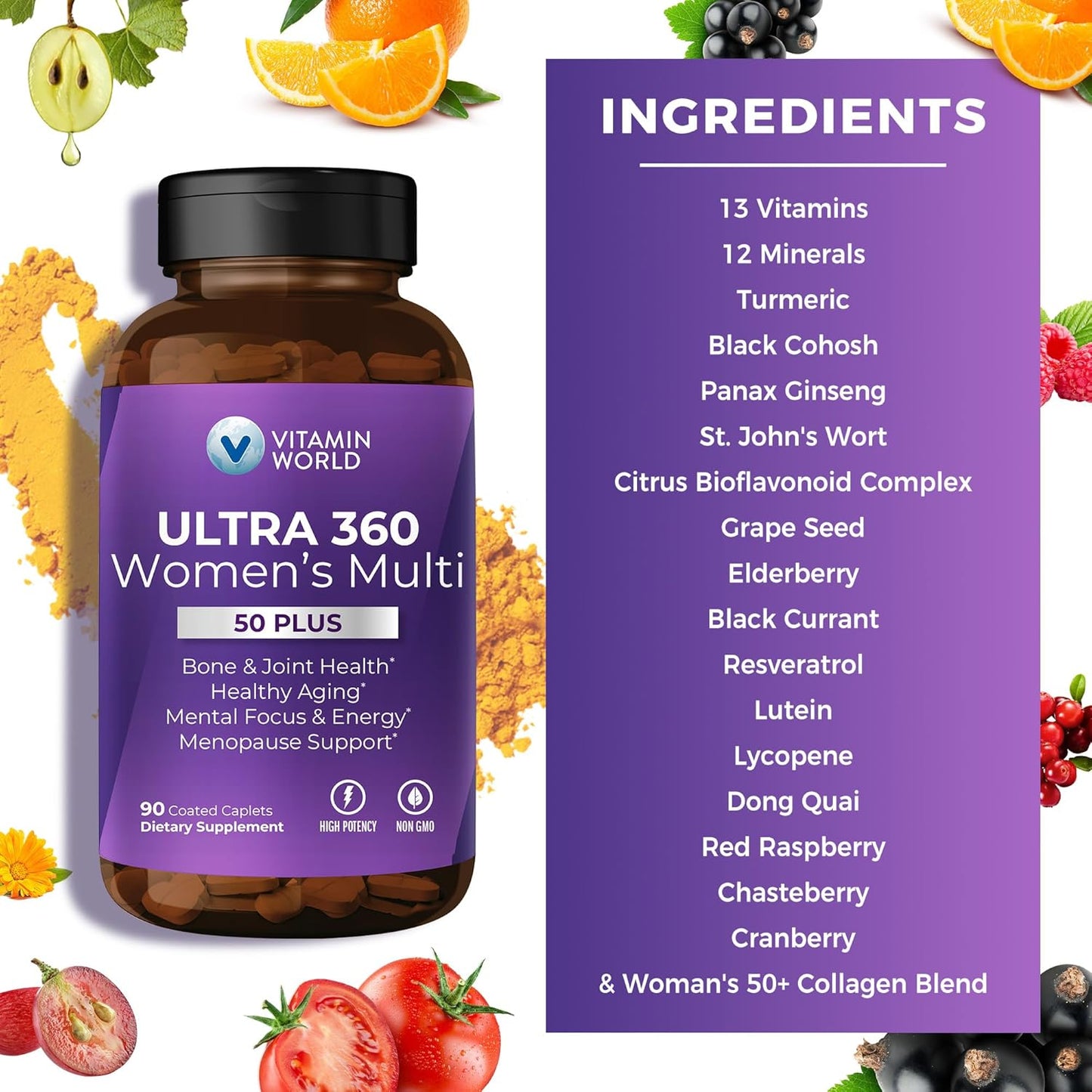 Women's 50+ Multivitamin with Minerals & Herbs for Menopause Support, 90 Caplets - Vitamin B, D, E & Zinc Supplement
