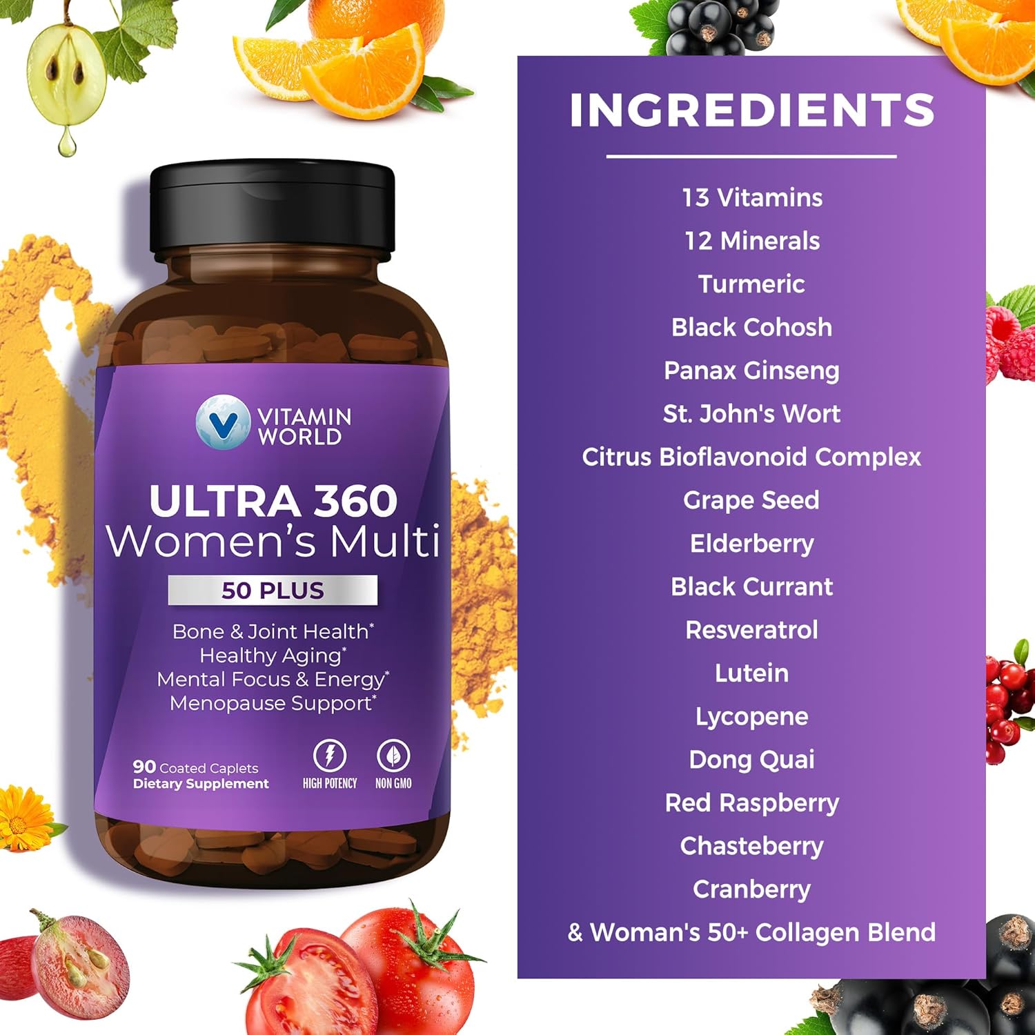 Women's 50+ Multivitamin with Minerals & Herbs for Menopause Support, 90 Caplets - Vitamin B, D, E & Zinc Supplement