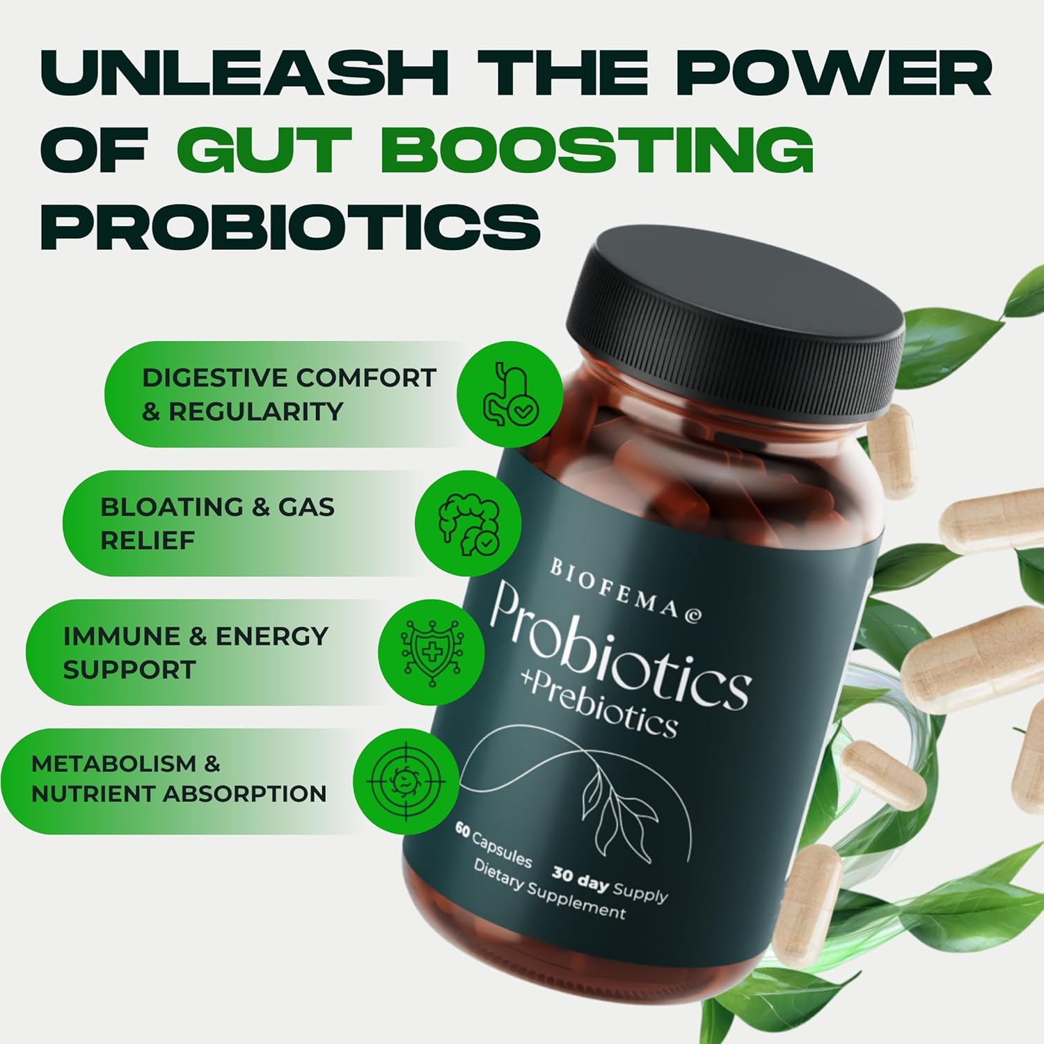 Women's Acidophilus Probiotics with Prebiotics - 40 Billion CFUs for Digestive Health - 4 Good Bacteria Strains - 60 Vegan Capsules