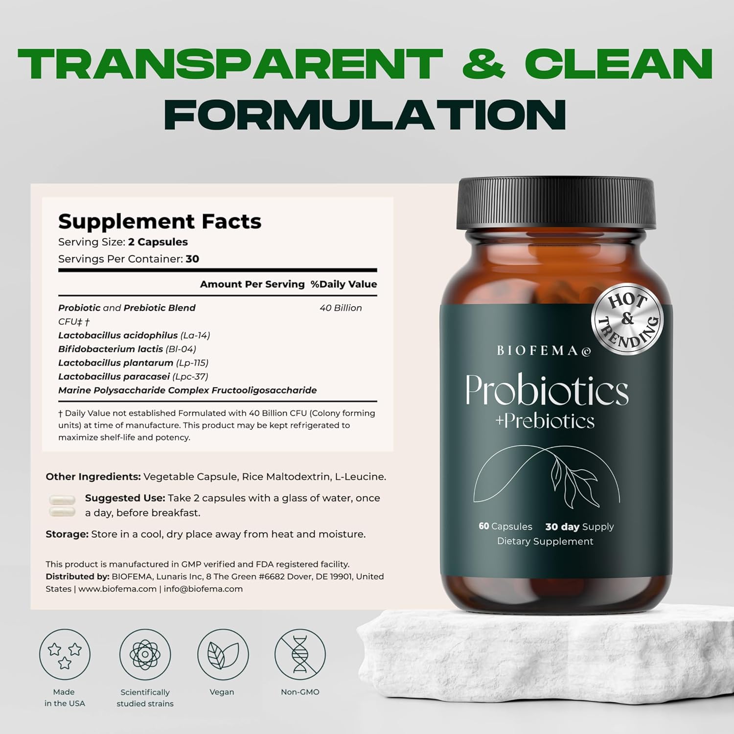 Women's Acidophilus Probiotics with Prebiotics - 40 Billion CFUs for Digestive Health - 4 Good Bacteria Strains - 60 Vegan Capsules