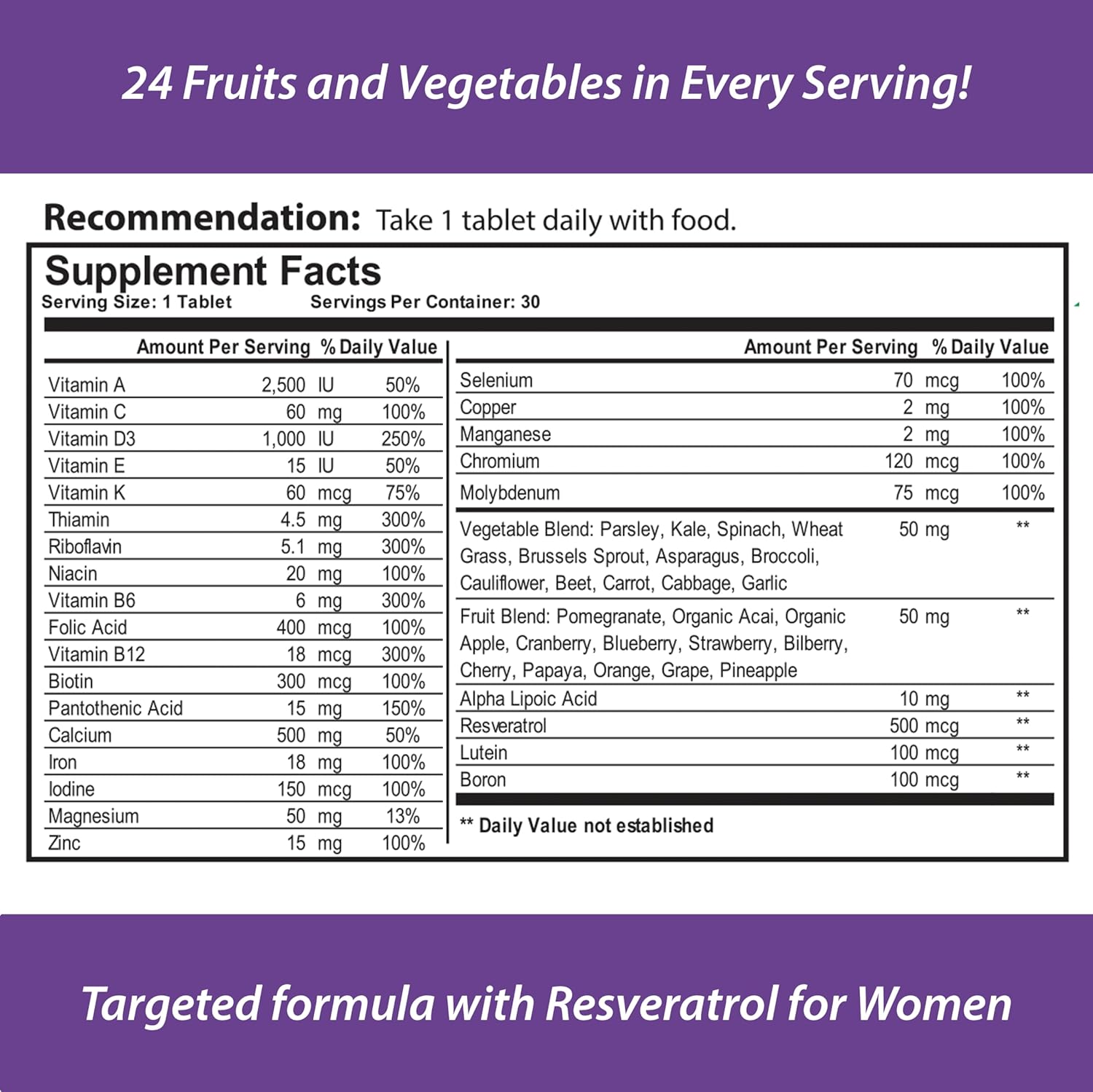 Women's All Natural Multivitamin with 24 Fruits and Vegetables, Biotin for Hair, Skin, and Nails - 1 Month Supply