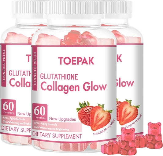 Women's Anti-Aging Collagen Gummies with Glutathione & Biotin for Skin & Hair Health - 180 Strawberry Gummies