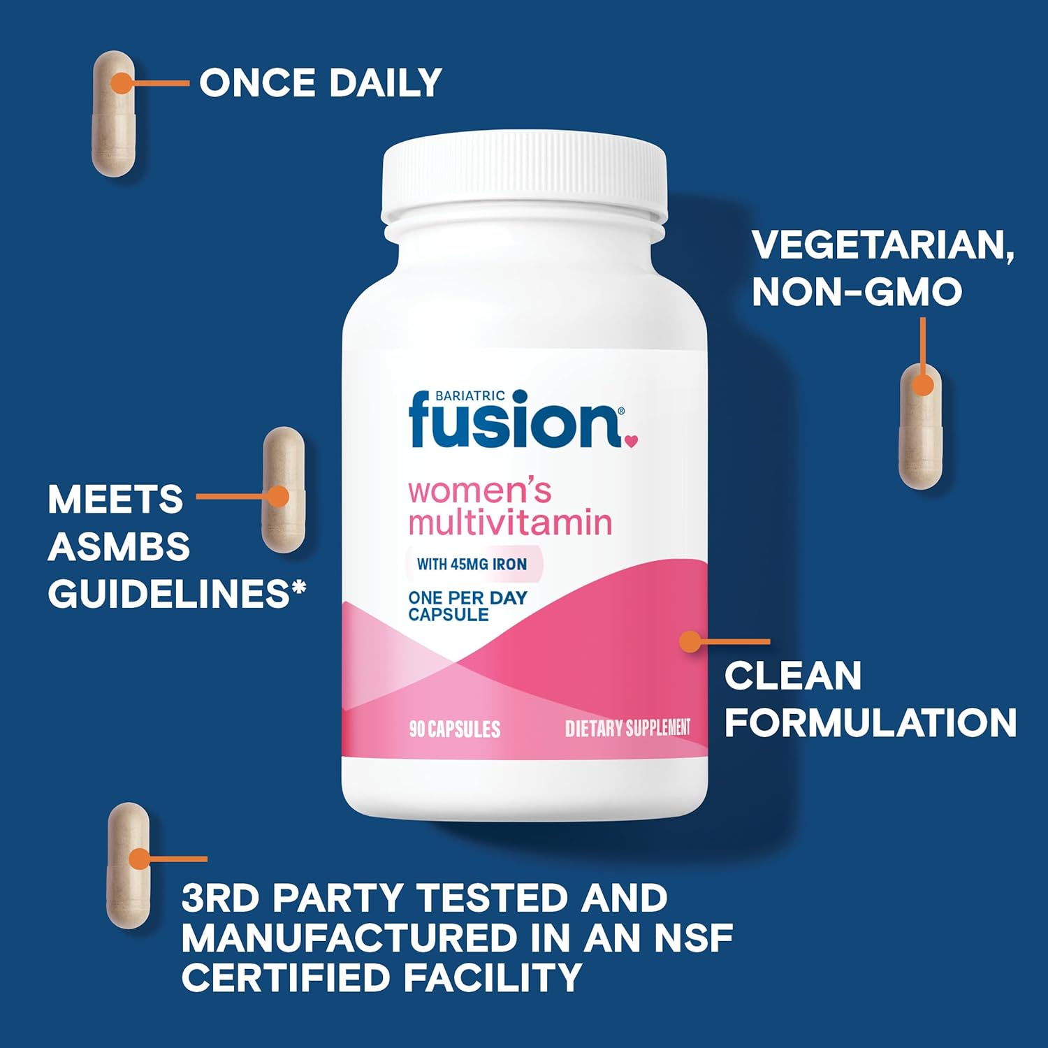 Women's Bariatric Fusion One Daily Multivitamin with Iron - Hair, Nails, Gastric Bypass & Sleeve Gastrectomy Support - 90 Count