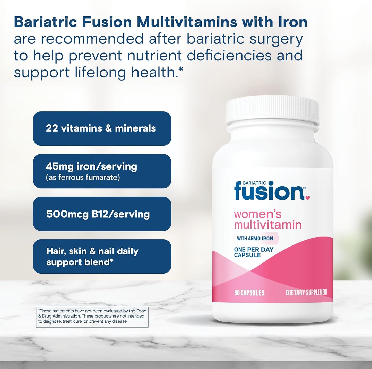 Women's Bariatric Fusion One Daily Multivitamin with Iron - Hair, Nails, Gastric Bypass & Sleeve Gastrectomy Support - 90 Count
