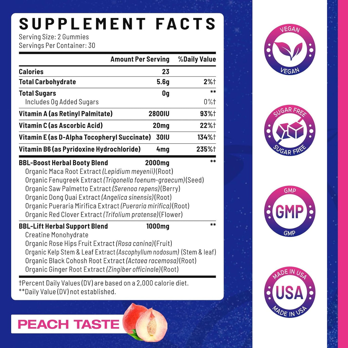 Women's BBL Gummies with Multivitamins and Herbal Extracts - Peach Flavor - 60 Gummies