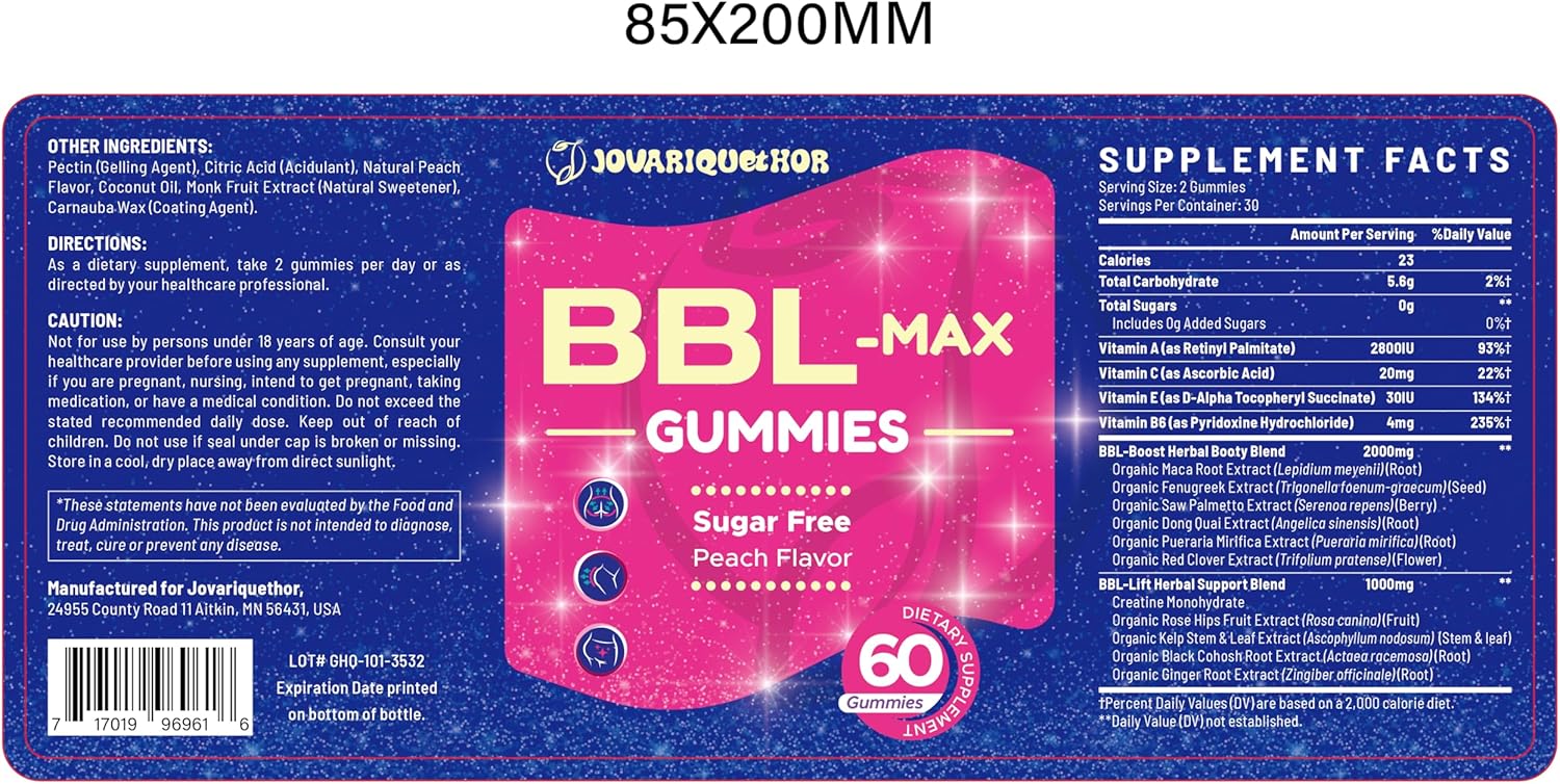 Women's BBL Gummies with Multivitamins and Herbal Extracts - Peach Flavor - 60 Gummies