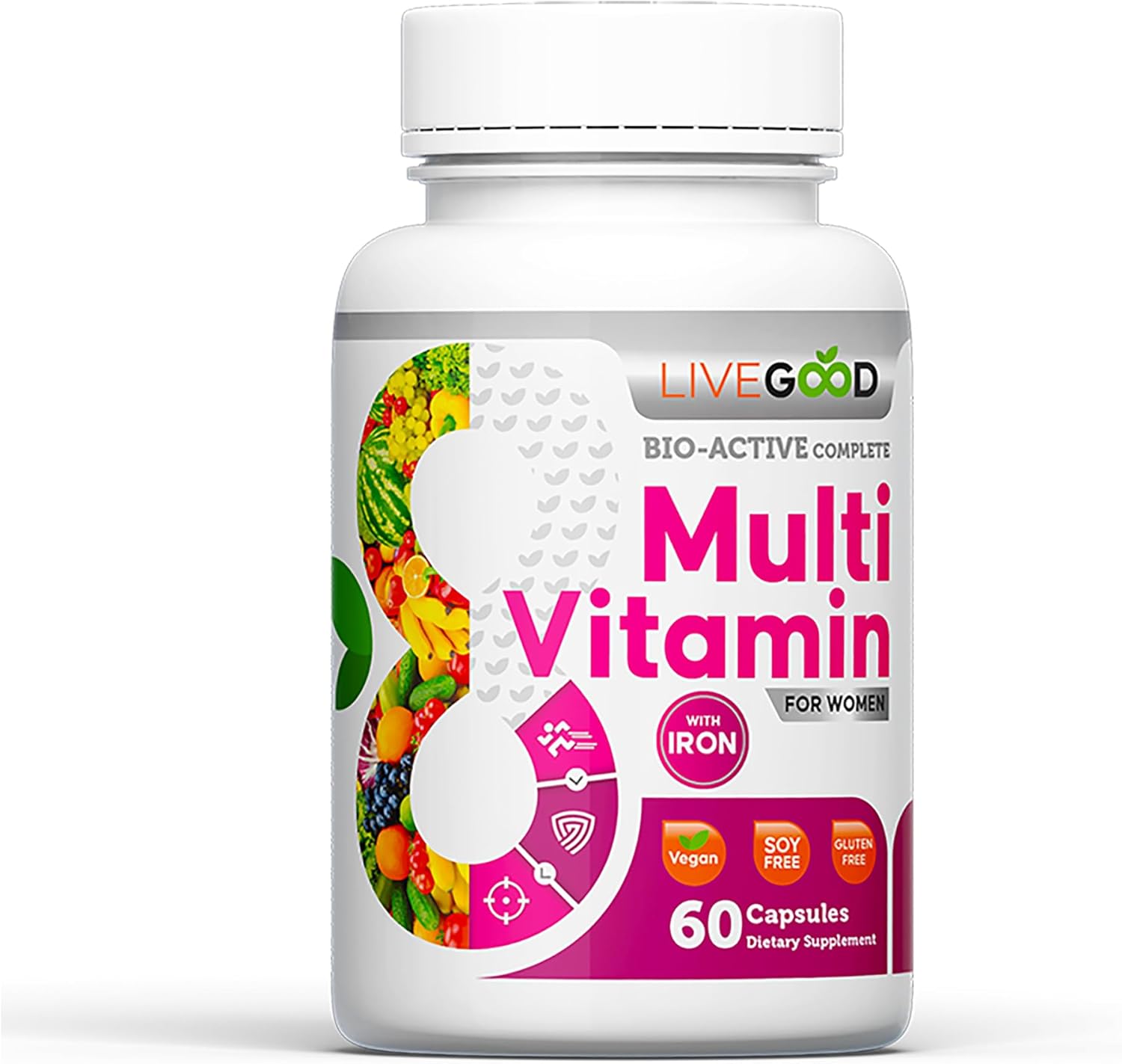 Women's Bio-Active Complete Multivitamin with Iron, Vitamin A, B12, C, E, Lycopene - Vegan Formula - 60 Capsules by LIVEGOOD™
