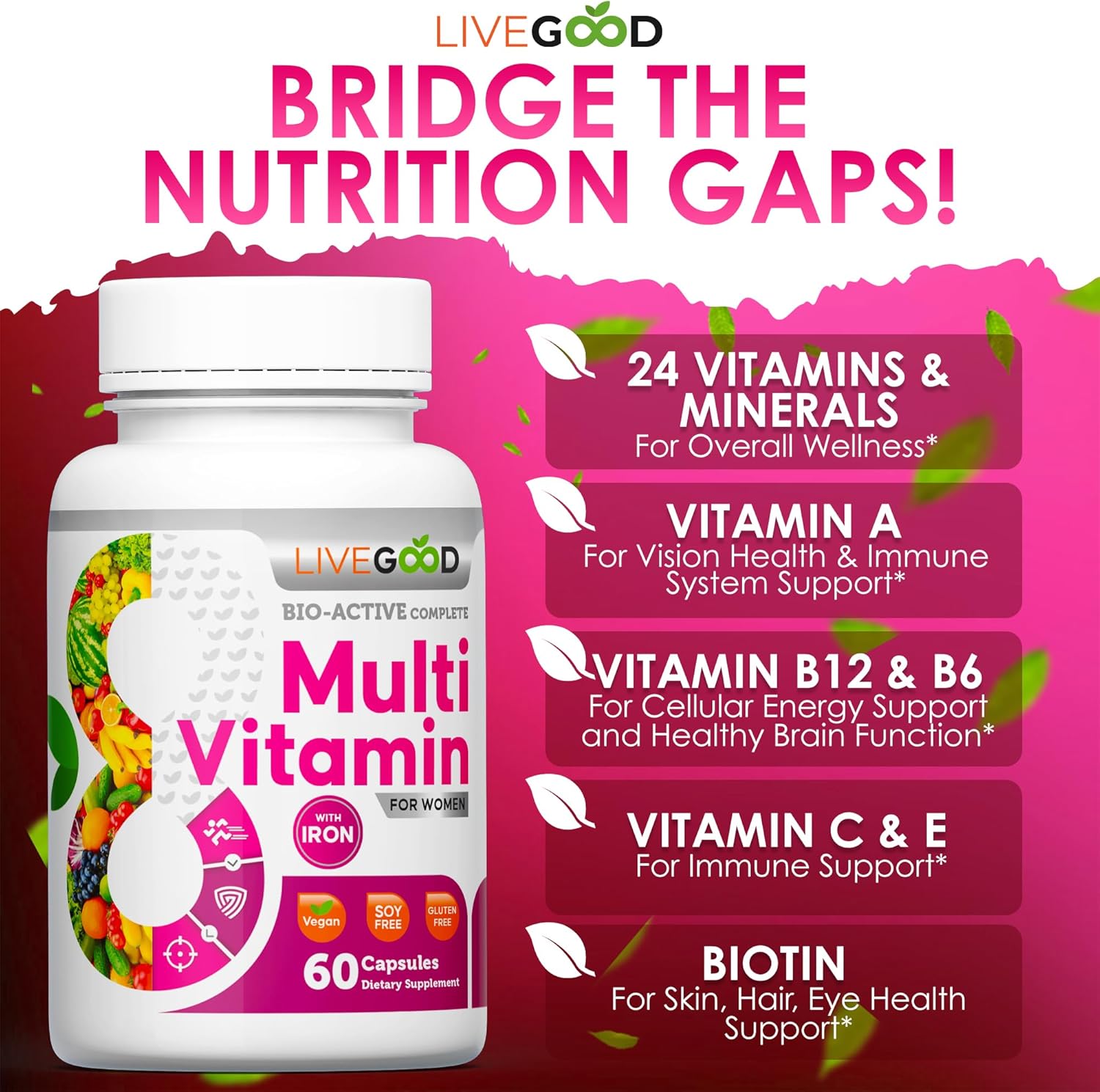 Women's Bio-Active Complete Multivitamin with Iron, Vitamin A, B12, C, E, Lycopene - Vegan Formula - 60 Capsules by LIVEGOOD™