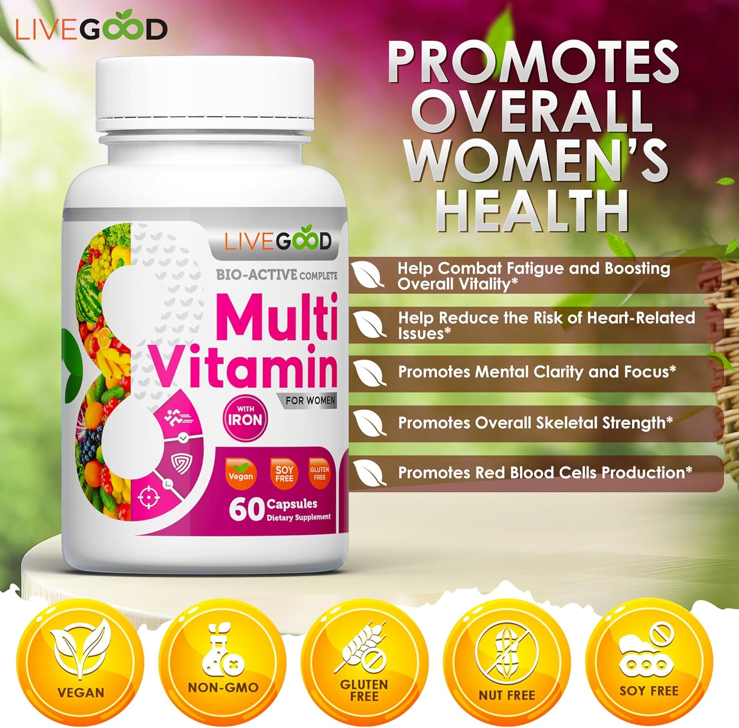 Women's Bio-Active Complete Multivitamin with Iron, Vitamin A, B12, C, E, Lycopene - Vegan Formula - 60 Capsules by LIVEGOOD™